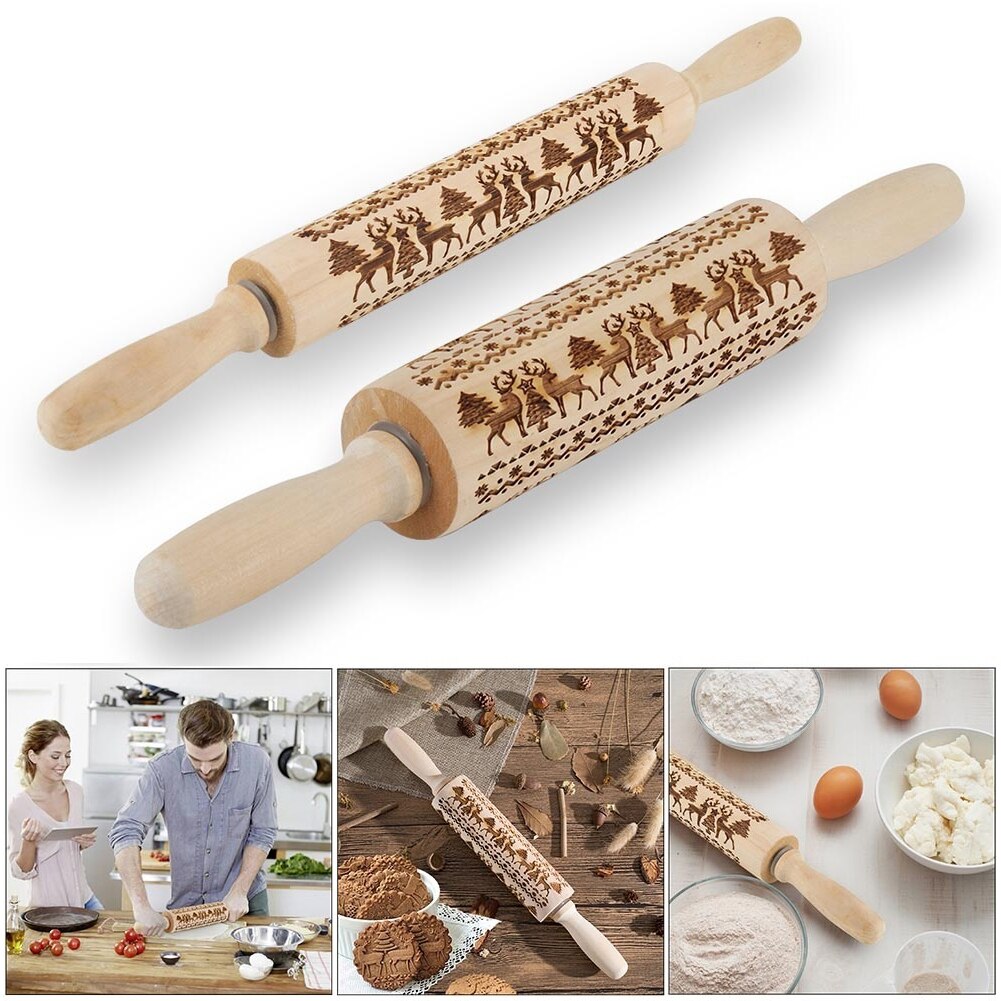 Kerst Embossing Rolling Pin Baking Cookies Biscuit Fondant Taart Deeg Gegraveerd Houten Roller Kerstboom Elanden Sneeuwvlok