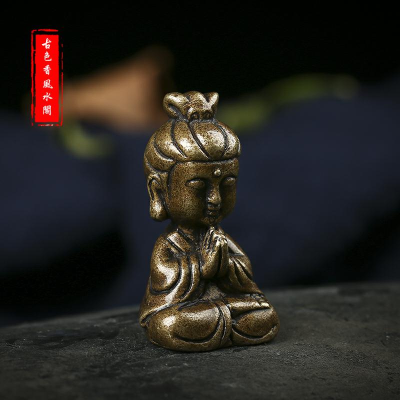 Zuiver Koper Pocket Guanyin Boeddha Ornament Antieke Micro Sculptuur Boeddha Hanger Handvat Ornament Koper