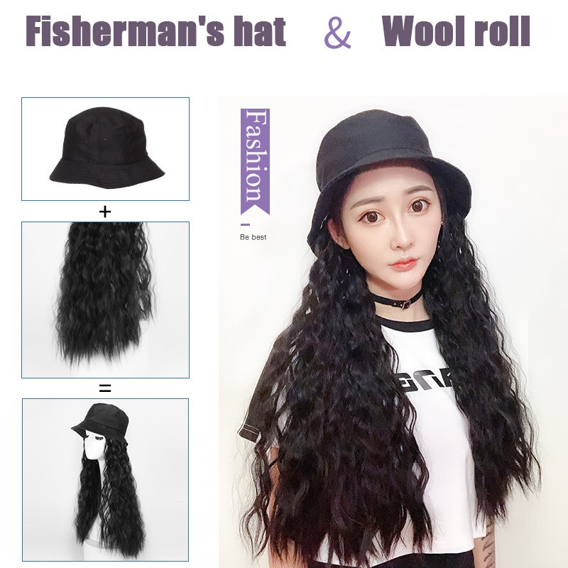 Perruque synthétique longue avec cheveux ondulés/lisses et chapeau bob noir avec extension capillaire