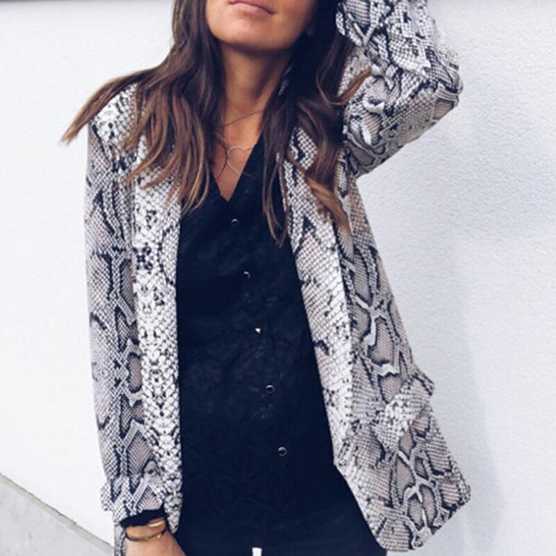 Blazer de manga larga con estampado de serpiente para Mujer, chaqueta de motorista, prendas de vestir, Tops, chaqueta con estampado de serpiente, Chaqueta larga para invierno: white / S