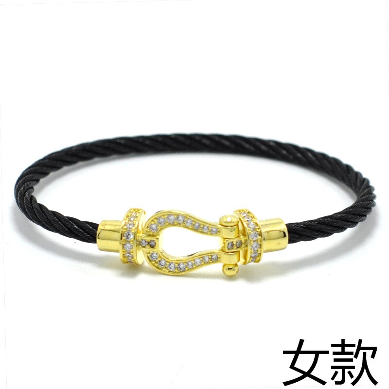 Titanium Steel Wire Rope Magnetic Buckle-encrusted Zircon Bracelet: Black Gold Women