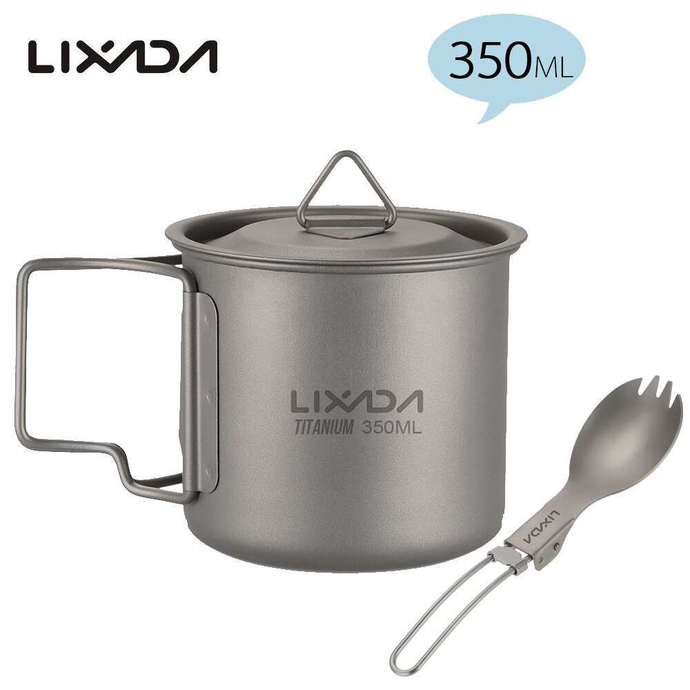 Lixada Titanium Cup Camping Verwarming Mok Servies Lichtgewicht Outdoor Survival Koken Apparatuur Wandelen Kookgerei Picknick Gebruiksvoorwerpen: 350ml with Spork