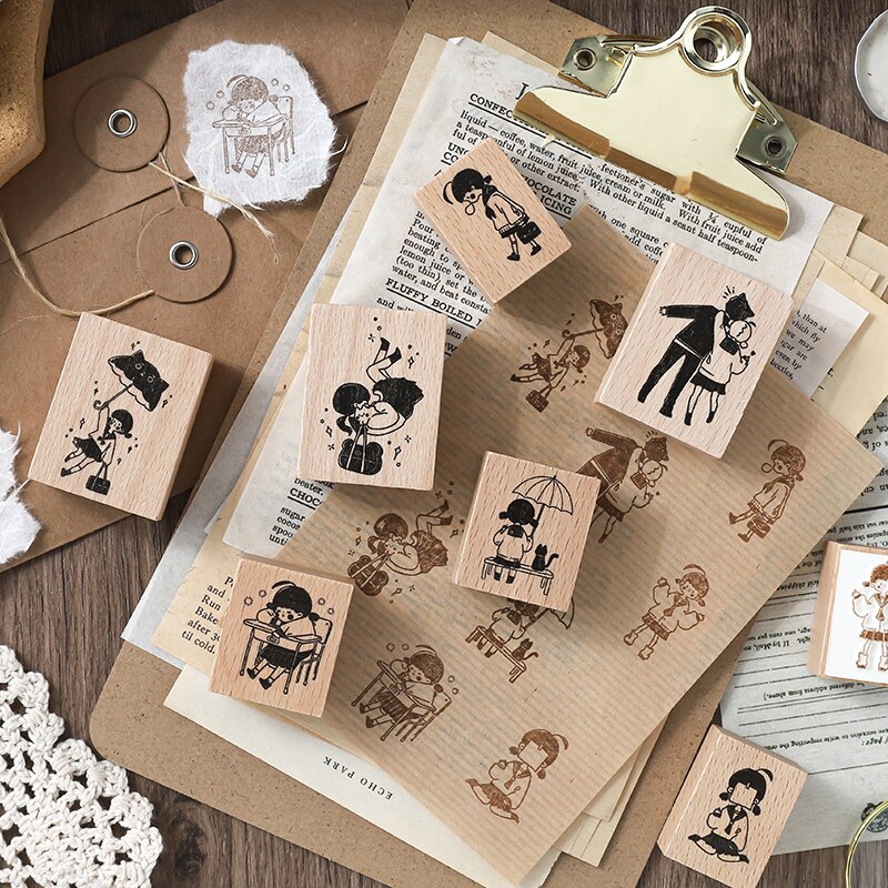 COO NOTE 8 Models/ Cute Cartoon Seal Hand Writing Stamp Antique Wooden Rubber Stamp Diary Decoration DIY Craft Standard Stamp