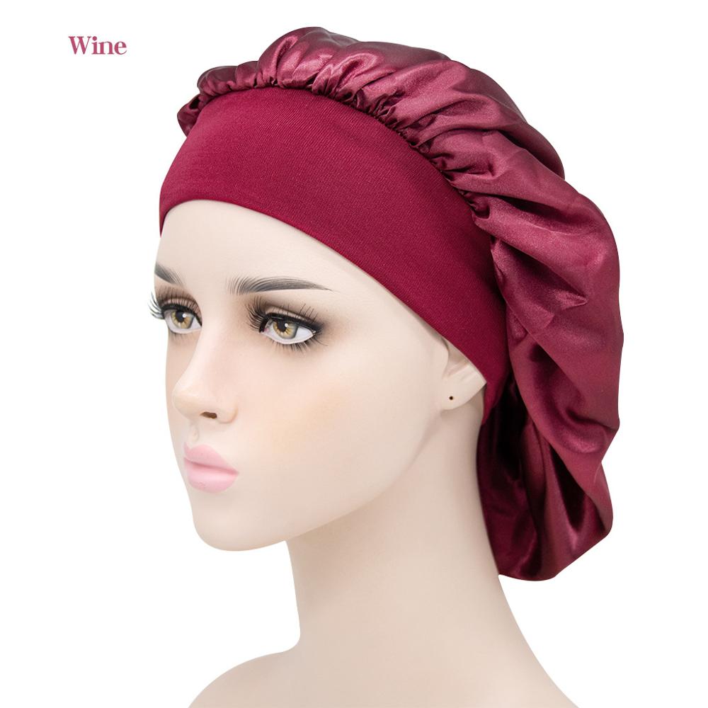 Gorro de descanso de ala ancha de satén para mujer, gorro de dormir para el cuidado del cabello, gorro de noche, Unisex, gorro de ducha, envoltura de cabeza de seda: wine