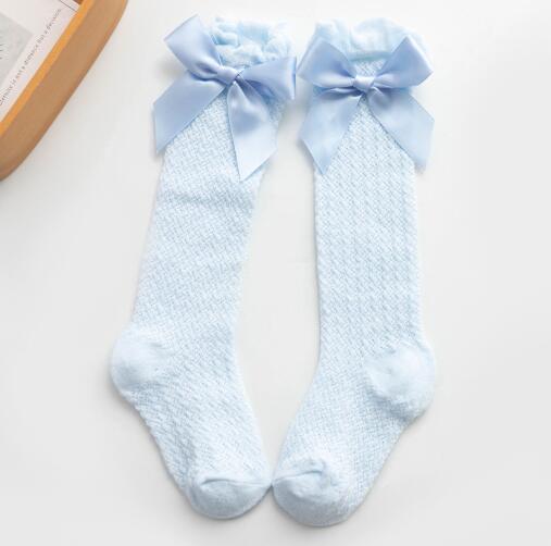 Barn flickor kunglig stil rosett knähöga nätstrumpor.baby toddler bowknot in tube socks.kid ihåliga strumpor sox 0-4y: Blå rosett / 2y-4y