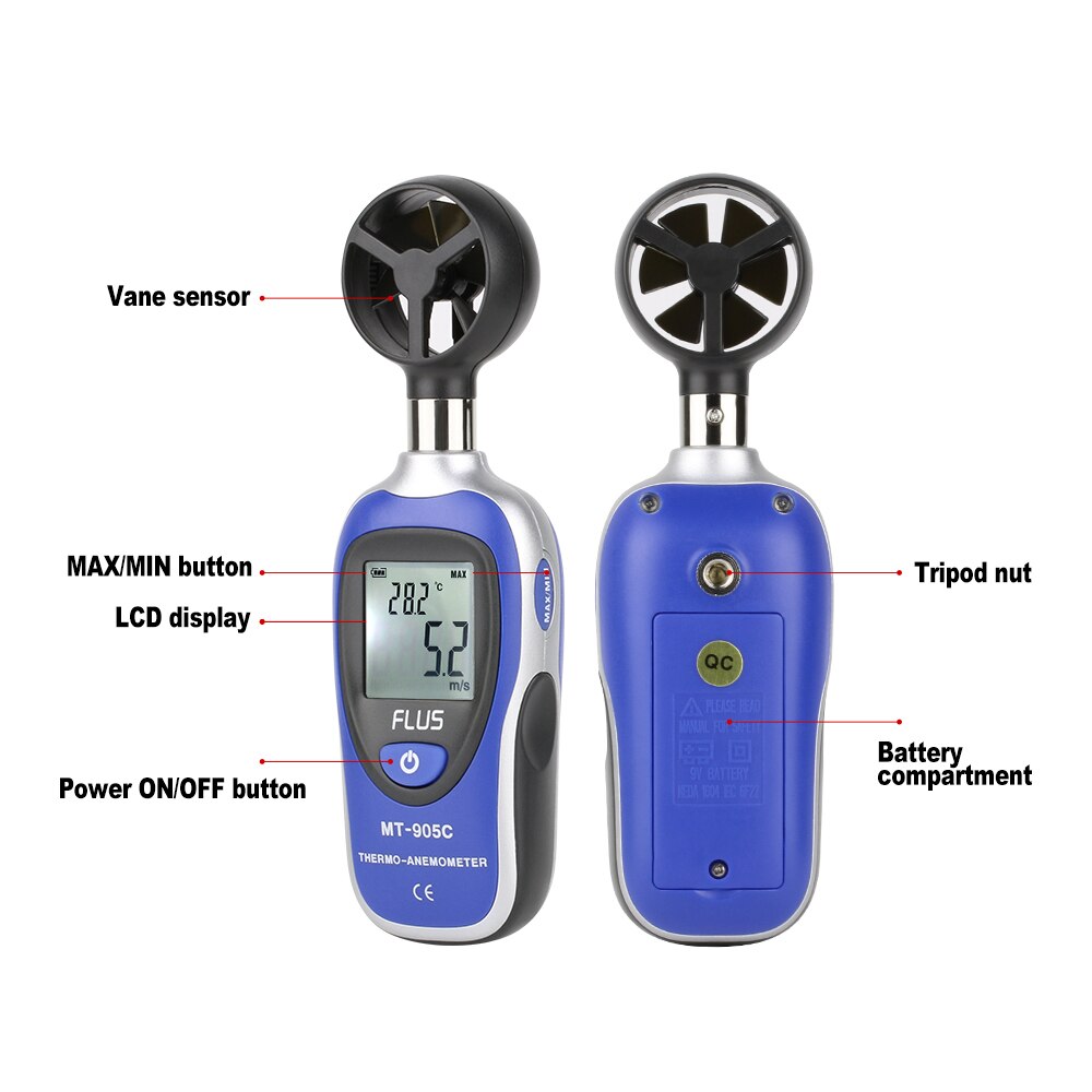FLUS Portable Anemometer Thermometer Wind Speed Gauge Meter Anemometro Windmeter LCD Display Digital Handheld Tester