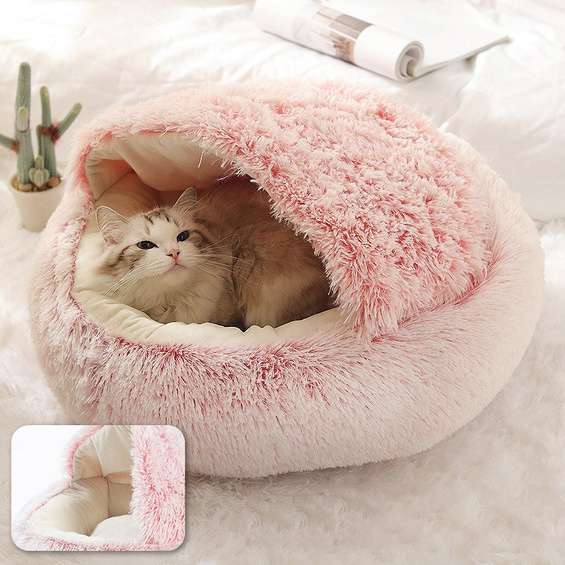 Pluche warme kattengrotbed met capuchon, knus zacht pluche hondenbed, zelfverwarmend knuffelbed, slaapbednest voor honden, katten en puppy's: Roze / 40cm