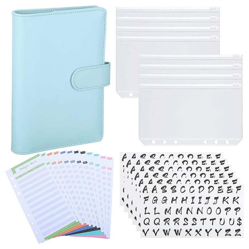 A6 PU Binder Case,with A6 Binder Pockets 12 Expense Budget Sheets Sticker Labels for 26 Categories Ring Budget Binder: Blue