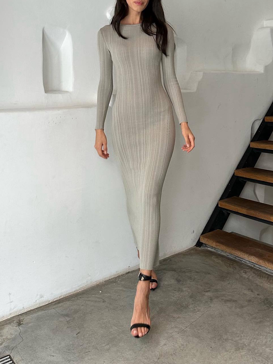 Vestido de punto ajustado de Color sólido para primavera y otoño para mujer, vestido acanalado de manga larga con cuello redondo, vestido largo ajustado