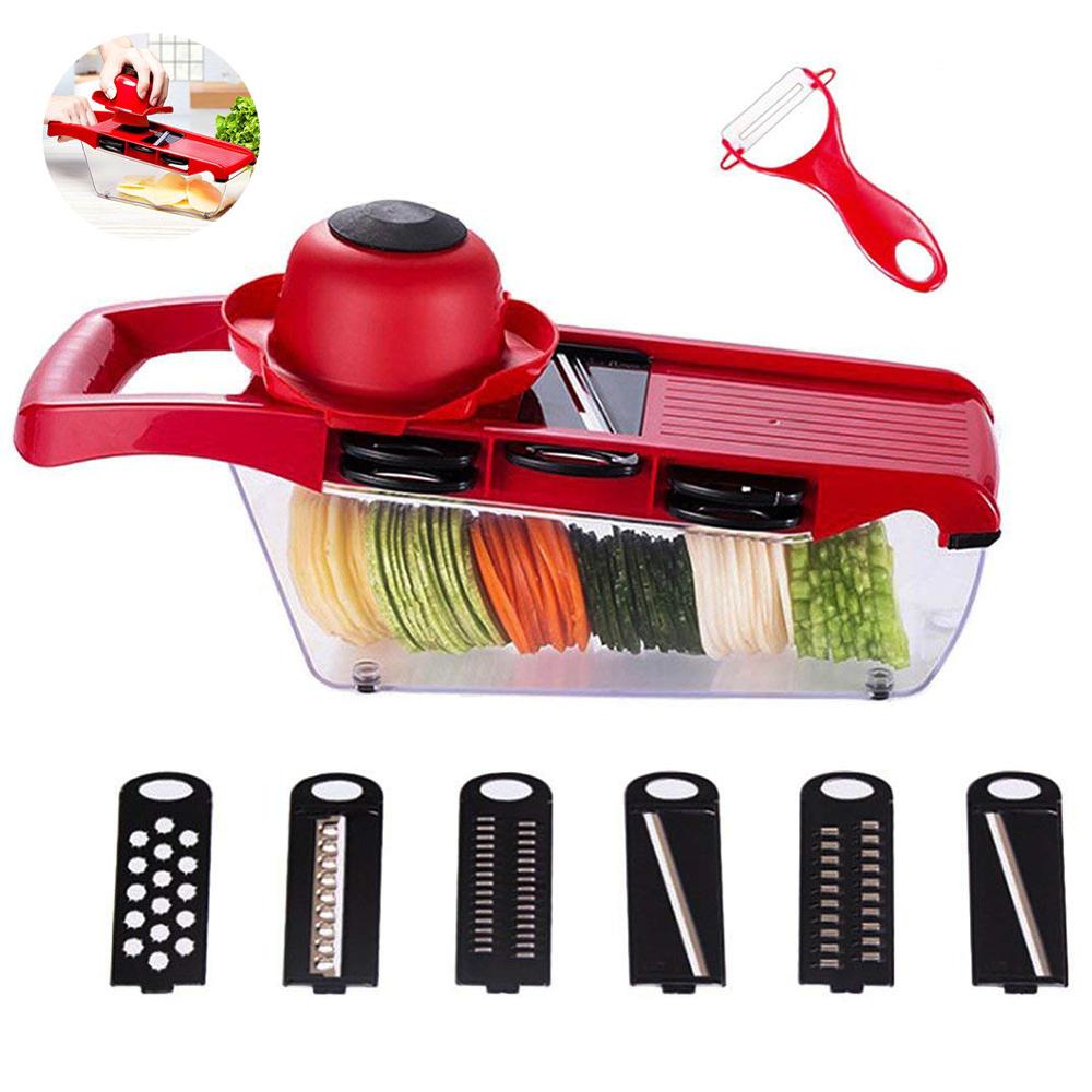 Mandoline slicer vegetal slicer 6 em 1 multi-função cortador de alimentos ralador chopper frutas e queijo 5 lâminas e suporte: Red