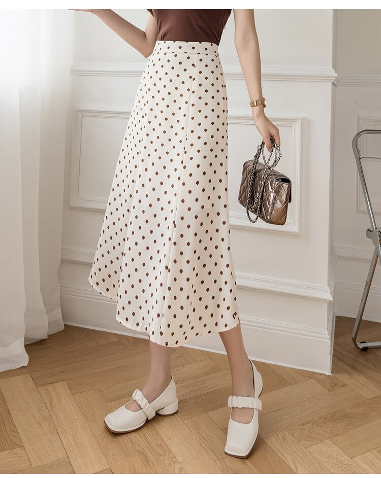 Falda larga con estampado de lunares para mujer, falda larga informal de cintura alta, coreana, para primavera y verano,: Albaricoque / S