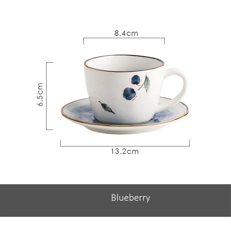 Japanese Style Ceramic Cup and Saucer 180ml Coffee Set Tea Set Nordic Style Fruit Pattern Coffee Cup: blueberry