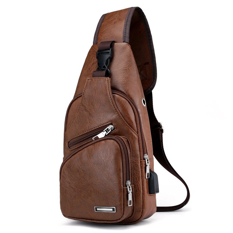 Men's Polyester Small Strap Chest Pack Messenger Bag USB Charging Pockets Sports Travel Bags: Light Brown