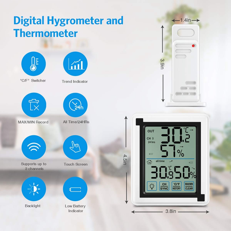 Afbc presseskærm vejrstation + udendørs prognose sensor baggrundsbelyst termometer hygrometer trådløs vejrstation
