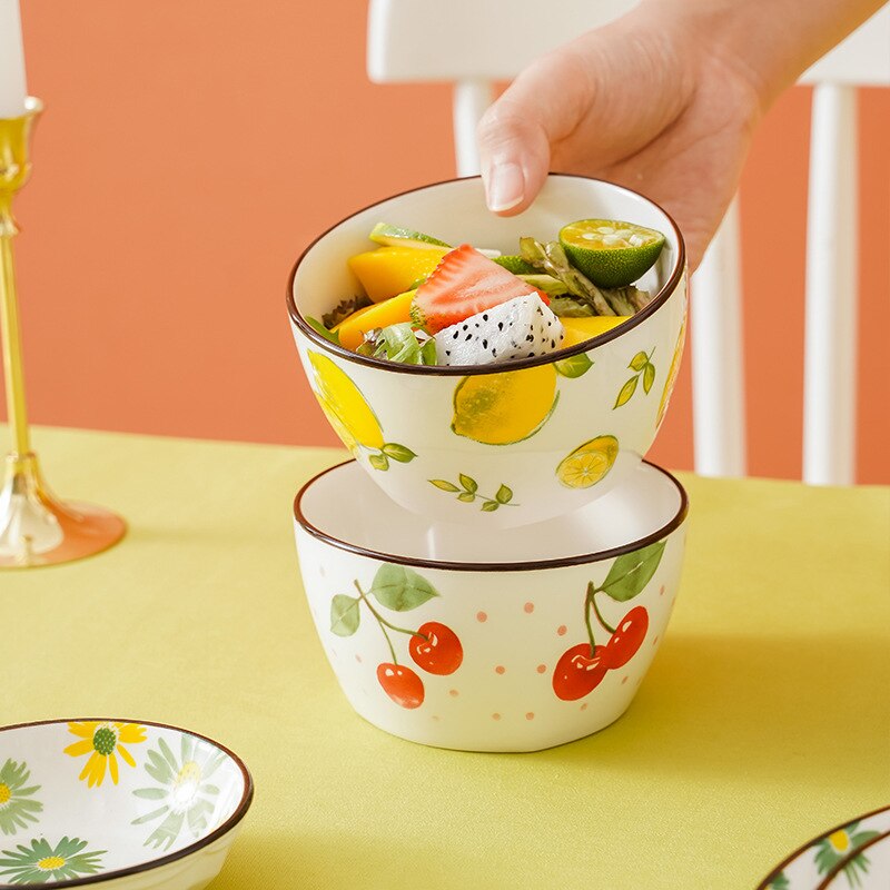 Ins Style Fruit dessiné à la main en céramique saladier assiettes ensemble bol à soupe bol de stockage vaisselle ensemble directe