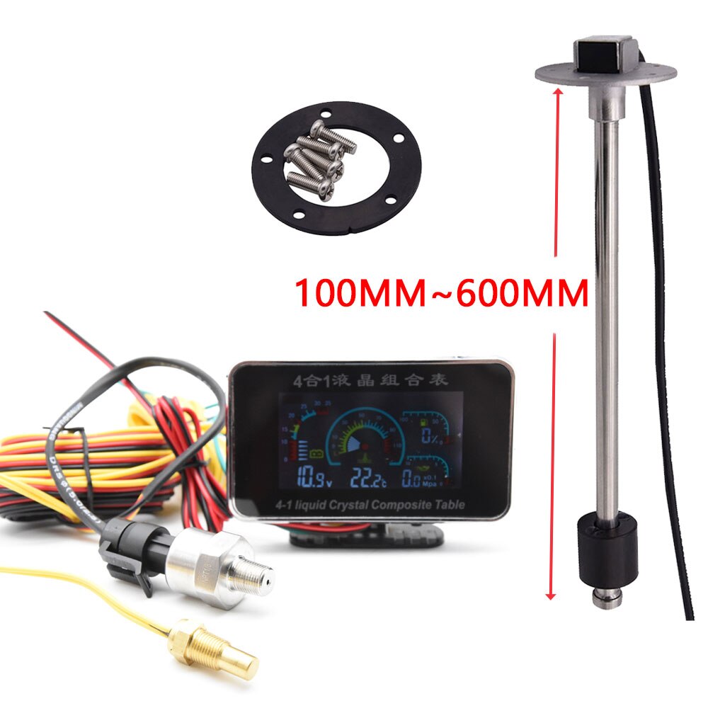 Manomètre numérique LCD 4 en 1 pour voiture, voltmètre, pression d'huile, de carburant, température de l'eau, 1/8 NPT, tableau de bord universel avec capteur 12v/24v