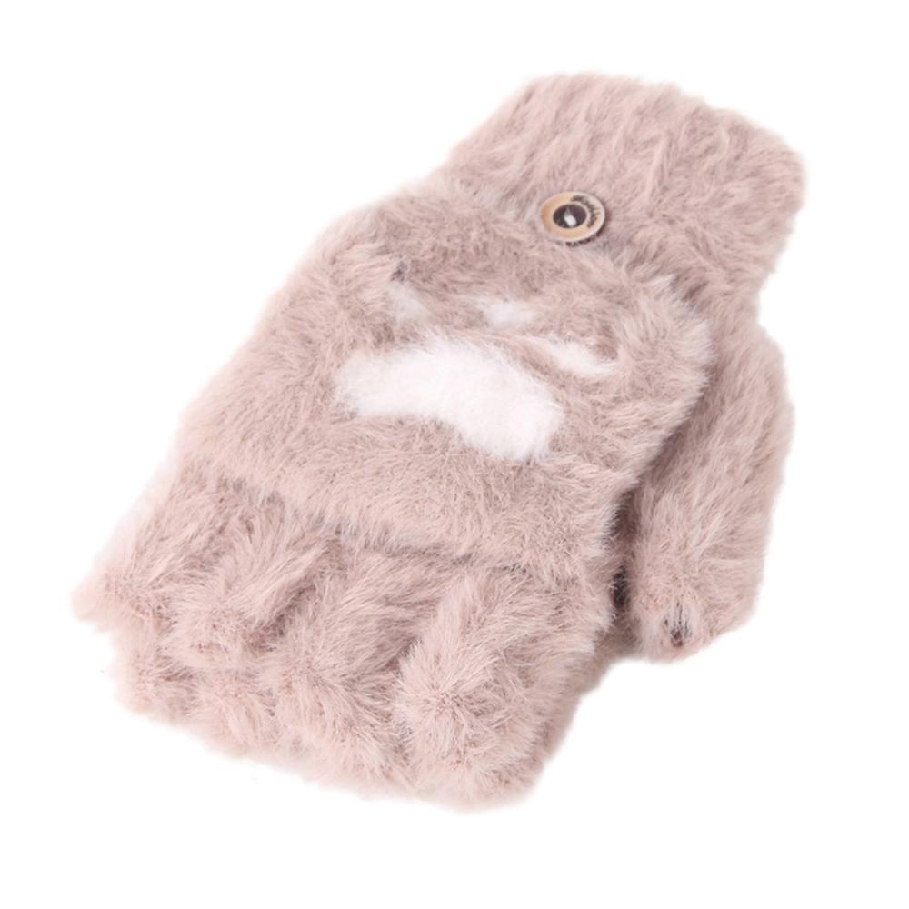 Children gloves Toddler Baby Winter Warm Knit Convertible Flip Top Cartoon Heart Mittens Gloves: Khaki