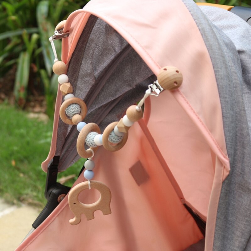 Pram Chain with Clips Nature Wooden Pram String Clips Mobile Pram Rattle Stroller Toys Neborn Toys