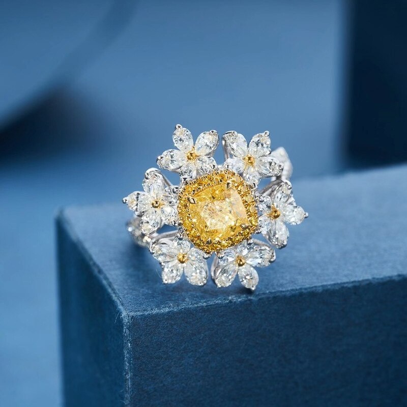 Trendy Jewelry Flower CZ Wedding Bridal Rings for Women Bling Yellow Crystal Promise Engagement Jewelry