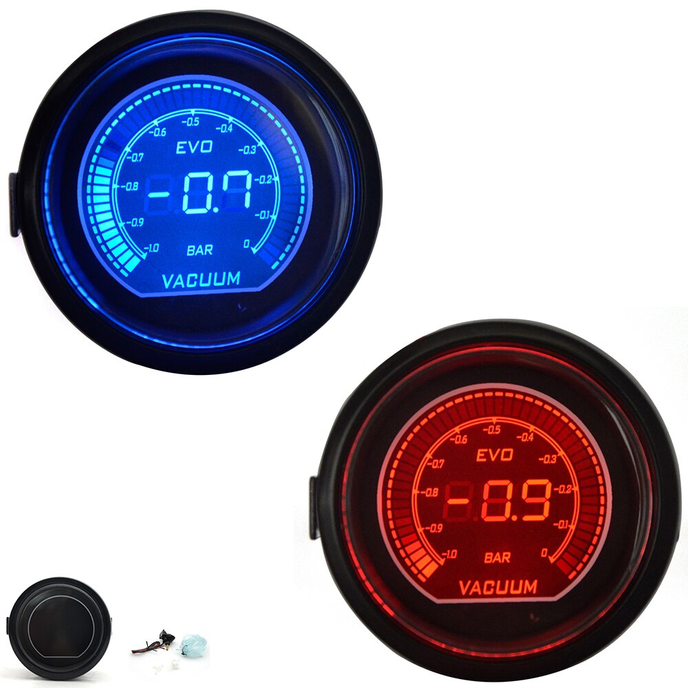 Dragon Gauge Universal 2&quot; 52mm Vacuum Gauge Blue/Red Dual Led Color Digital LED Light Gauge Meter