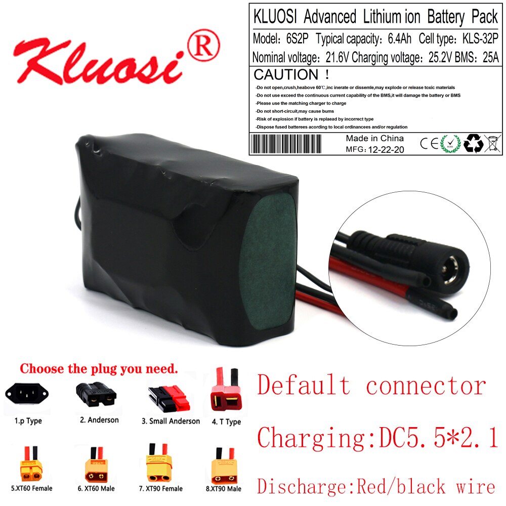 KLUOSI 6S2P 24V 6.4Ah 21.6V 6Ah 25.2V Lithium Battery Pack for Electric Bicycle Ebike Scooter Wheelchair Cropper with 25A BMS