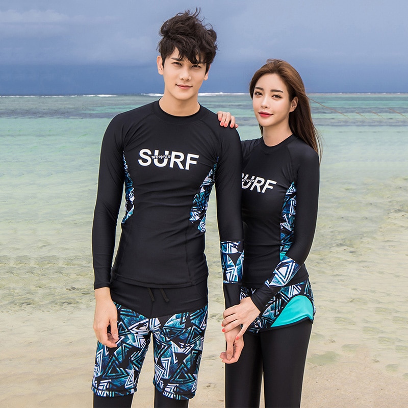 Nyeste meiyier par matchende mænd og kvinder rashguard langærmet svømmetøj bukser shorts surfdragt til elskere