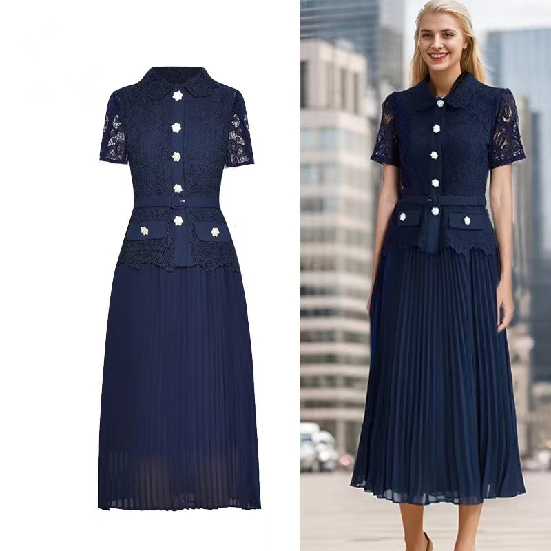 Conjunto oco de duas peças para mulheres, camisa bordada com colarinho de boneca, terno de saia midi plissada, cinto bordado, blusa com renda, passarela, verão