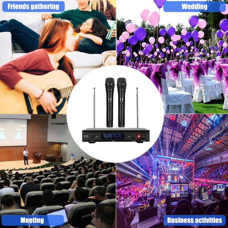 Efficient UHF Wireless Microphone System 2 Channel 2 Cordless Handheld Mic Kraoke Speech Party Cardioid Microphone 50M Receive