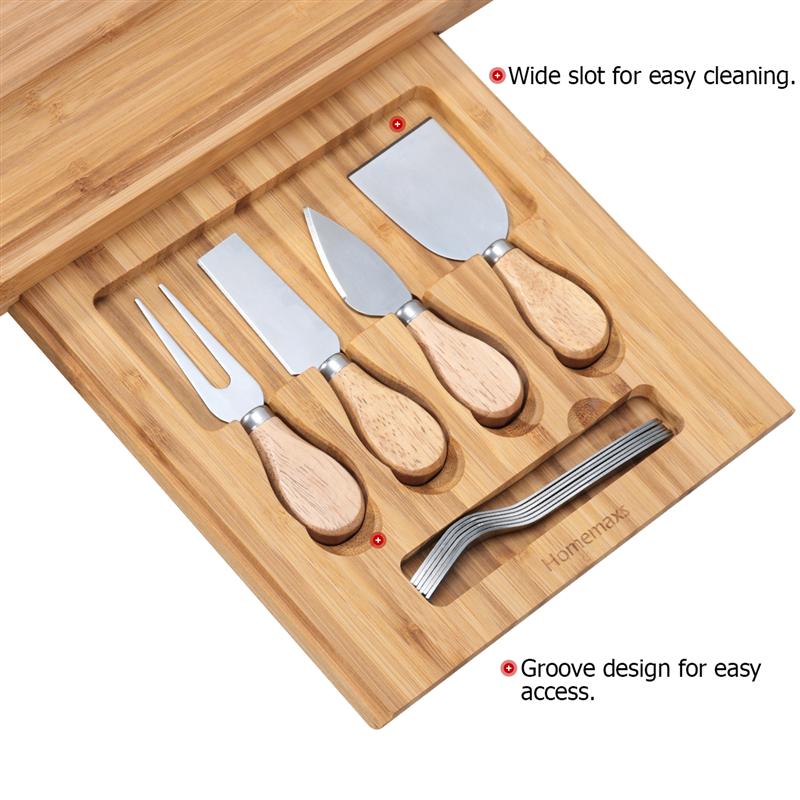 Bamboo Cheese Board Cutter Set Slide-Out Drawer Serving Platter Tray Cutting Board For Cheese Fruit Dessert Kitchen Accessories