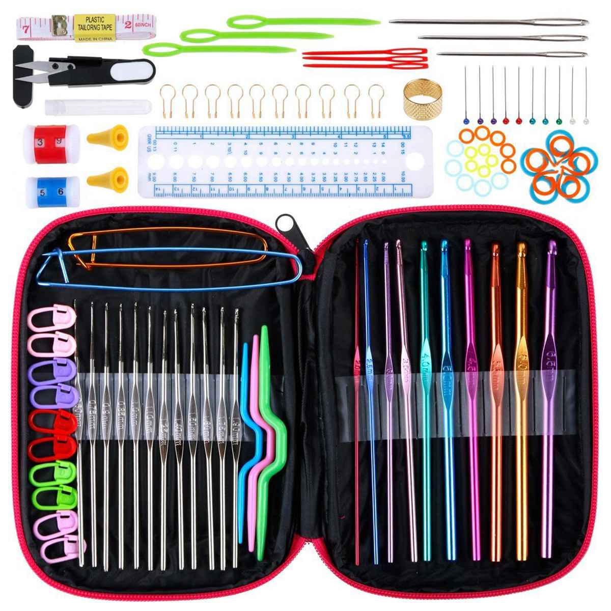 Knitting Needles Set 100pcs Crochet Hooks Knitting Needles DIY Weave Sewing Tools Full Set Knit Gauge Scissors Stitch Holders