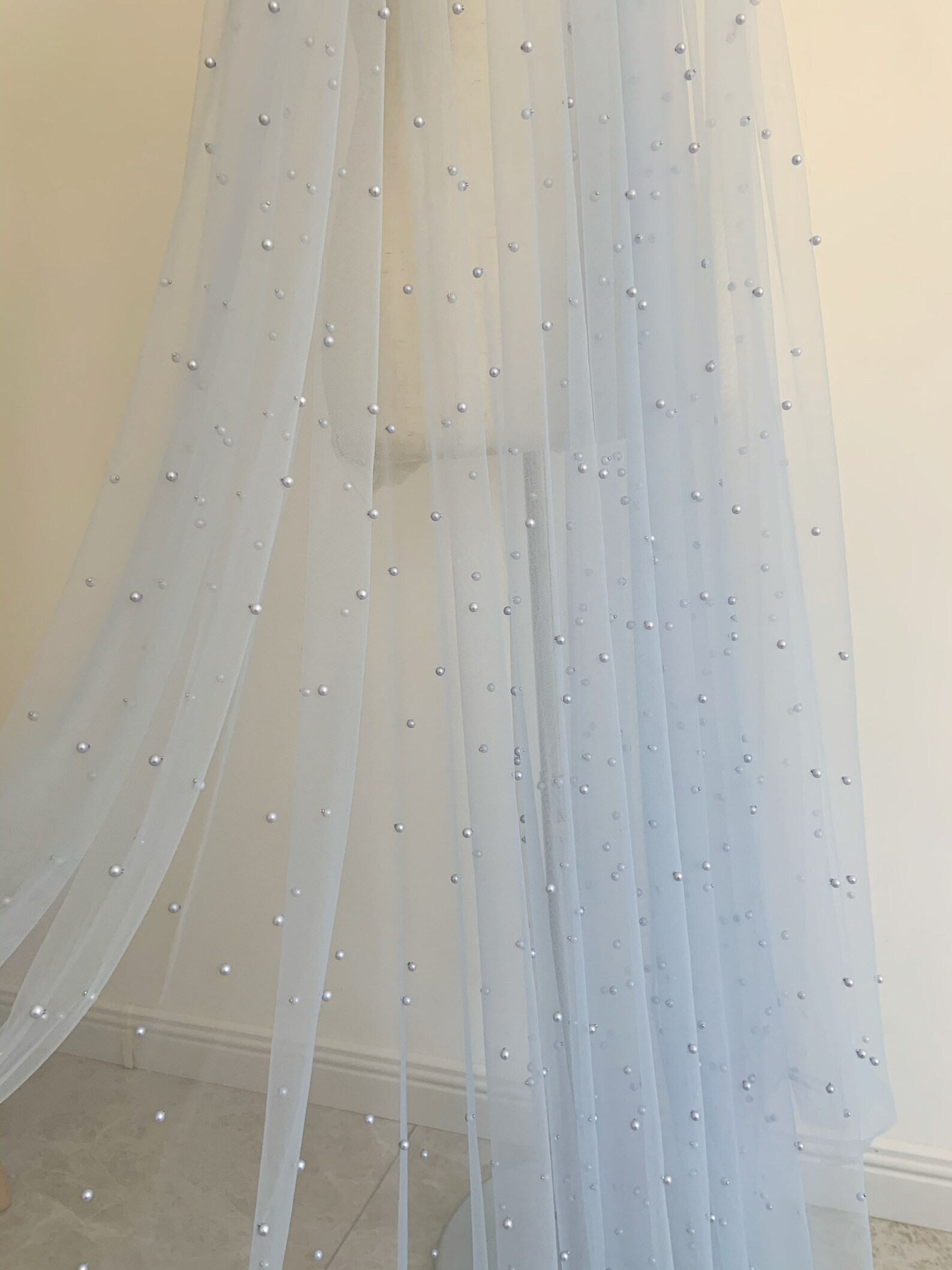 1 yard Light Sage Green Pearl Bead Tulle Fabric Pale Blue Tulle Lace Fabric with Pearls For Prop Dress Costume