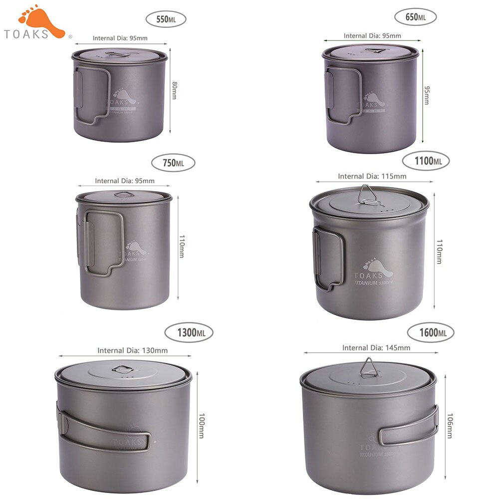 Toaks 550ml 650ml 750ml 1100ml 1300ml 1600ml udendørs vandreture camping picnic titanium pot krus skål let campingudstyr