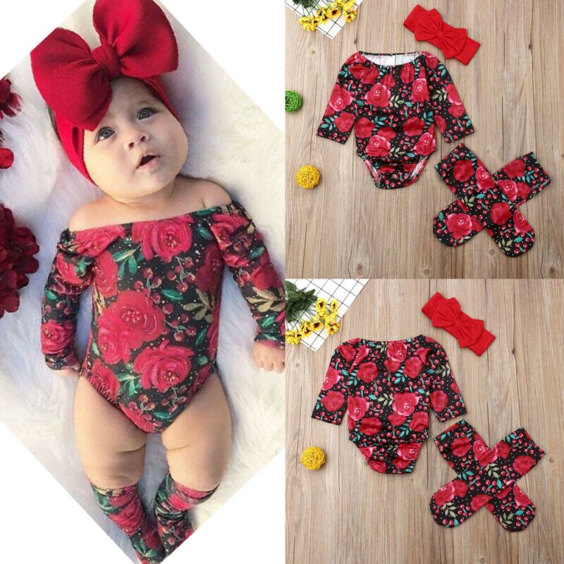 Newborn Kid Baby Girl Floral Clothes Off Shoulder Romper Socks Headband Outfit