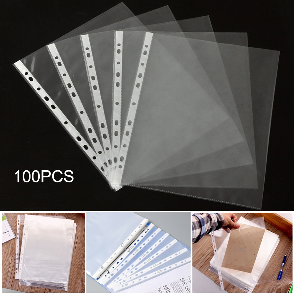 100 stk/sæt  a4 plastik hullommer mapper arkivering 11 huller løse blade dokumenter ark beskyttere gennemsigtig mappe taske