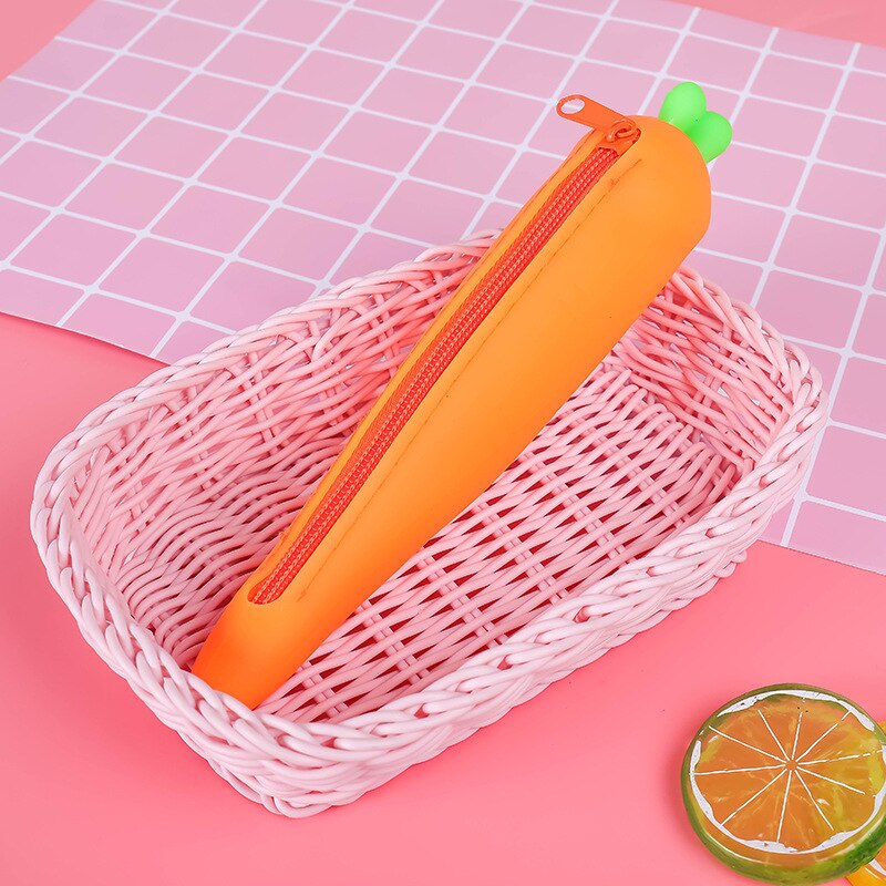 Eggplant Bean Pod Shaped Pen Case Silicone Pencil Bag Students Pencil Bag Primary Secondary School Stationery Kawaii Pencil Case: Carrot