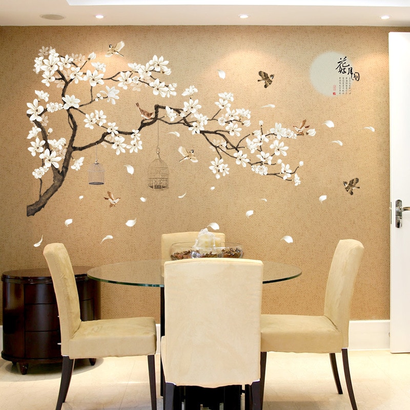 Kinesisk gammel stil blomst måne væg klistermærke til stue sofa / tv baggrund dekoration mærkater vægmaleri kunst poesi klistermærker
