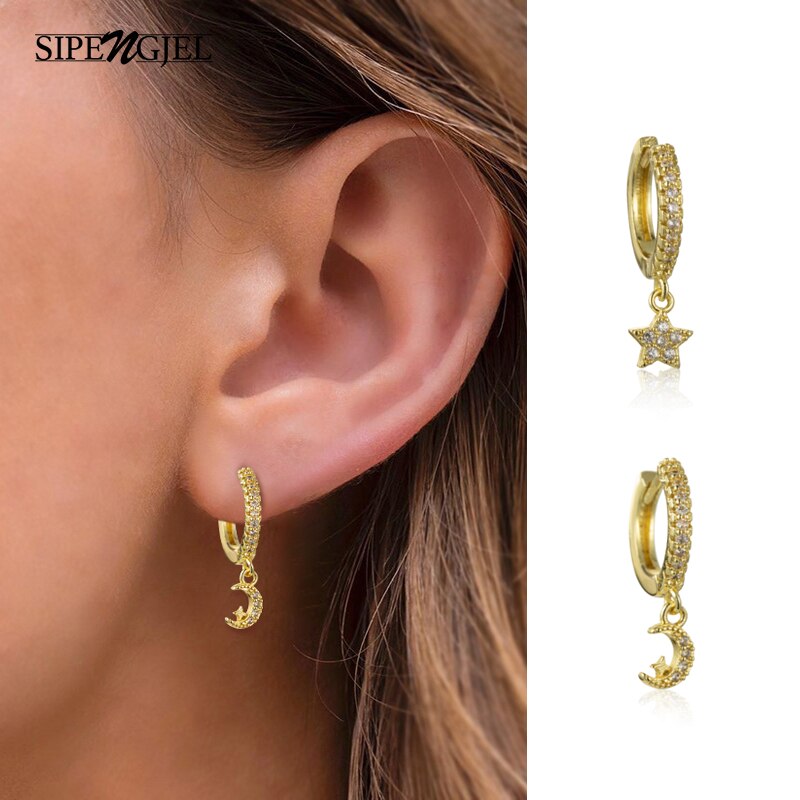 SIPENGJEL-pendientes colgantes de estrella plateada para mujer, aretes delicados de aro con forma de luna y Estrella, joyería para