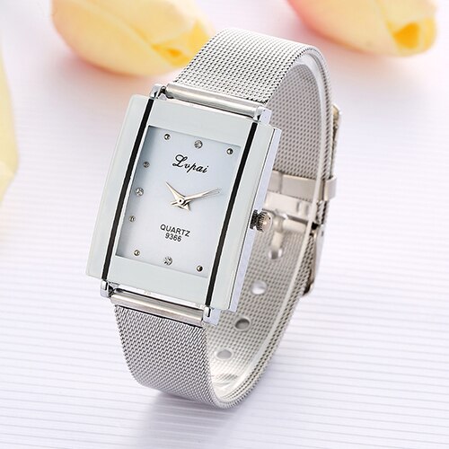 Men Women Rectangle Dial Stainless Steel Net Strap Quartz Wrist Watch
