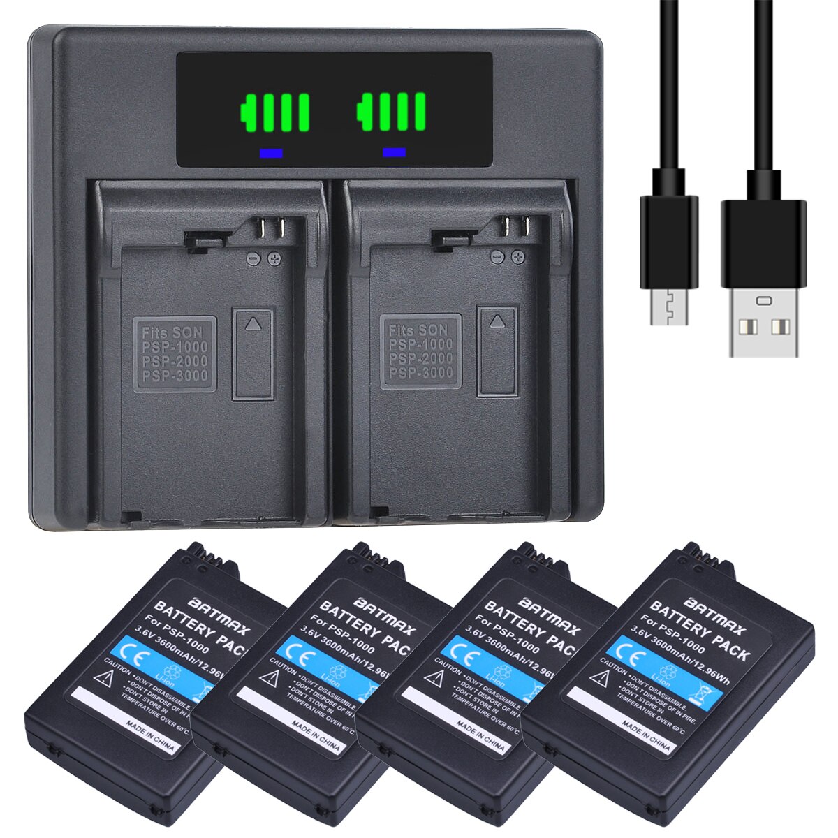 2 stk 3600 mah psp 1000 batteri + hurtigled lader + for psp 1000 psp 1000 psp -110 konsoll gamepad: 4 stk sett