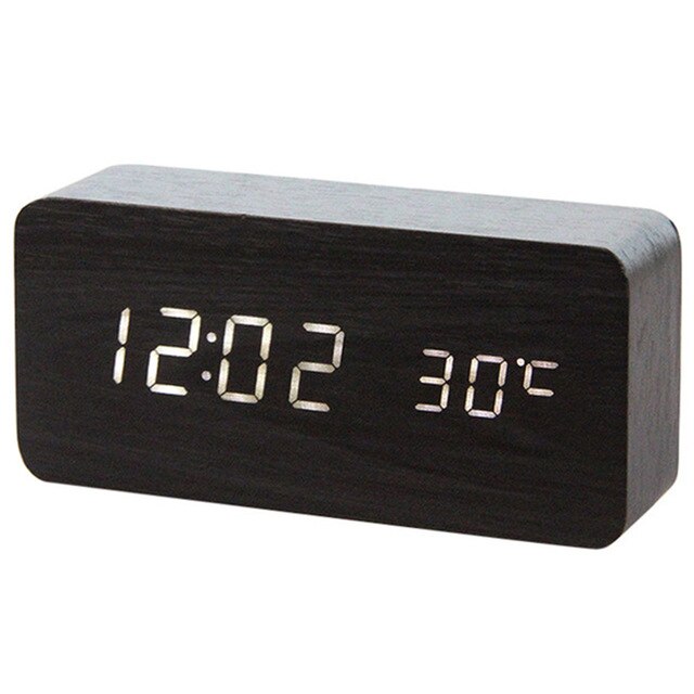 LED Wooden Alarm Clock Desktop Watch Voice Control Temperature Humidity Living Room Display Desk Alarm Clocks Home Decor: Black Wood White N