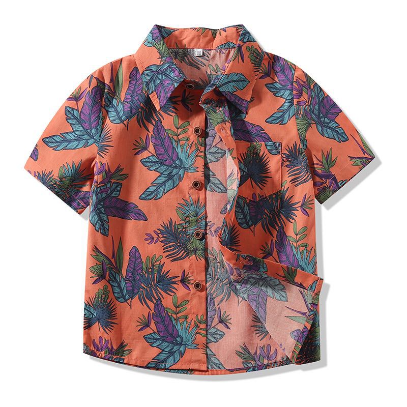 Camisas de manga corta para niños pequeños, camisas con botones de cuello y solapa con estampado de hojas tropicales