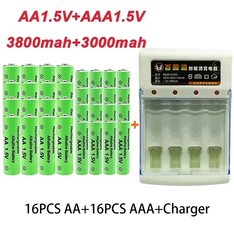 AA + AAA-Batterie Neuer 1,5-VR-Akku AA3800MAH AAA3000MAH mit Ladegerät für LED-Taschenlampen-Taschenlampen-elektronische Geräte: Grau