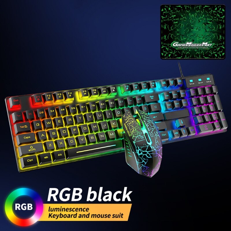 T6RGB Luminous Wired Gaming Keyboard and Mouse Set with Large Mouse Pad USB Colorful Backlit Mechanical Feel Keyboard