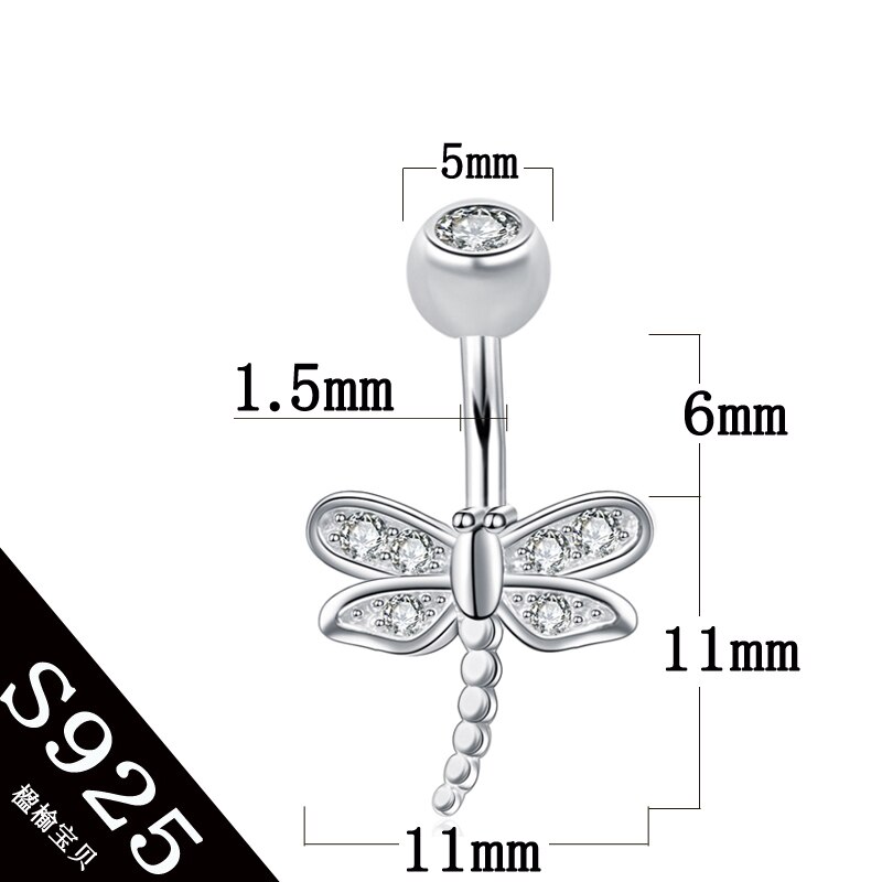 Bijoux de corps en argent sterling 925 S925, anneau de bouton de ventre non allergique libellule d&#39;insecte, broche de 6 8 10 mm pour femmes: PIN length 6mm