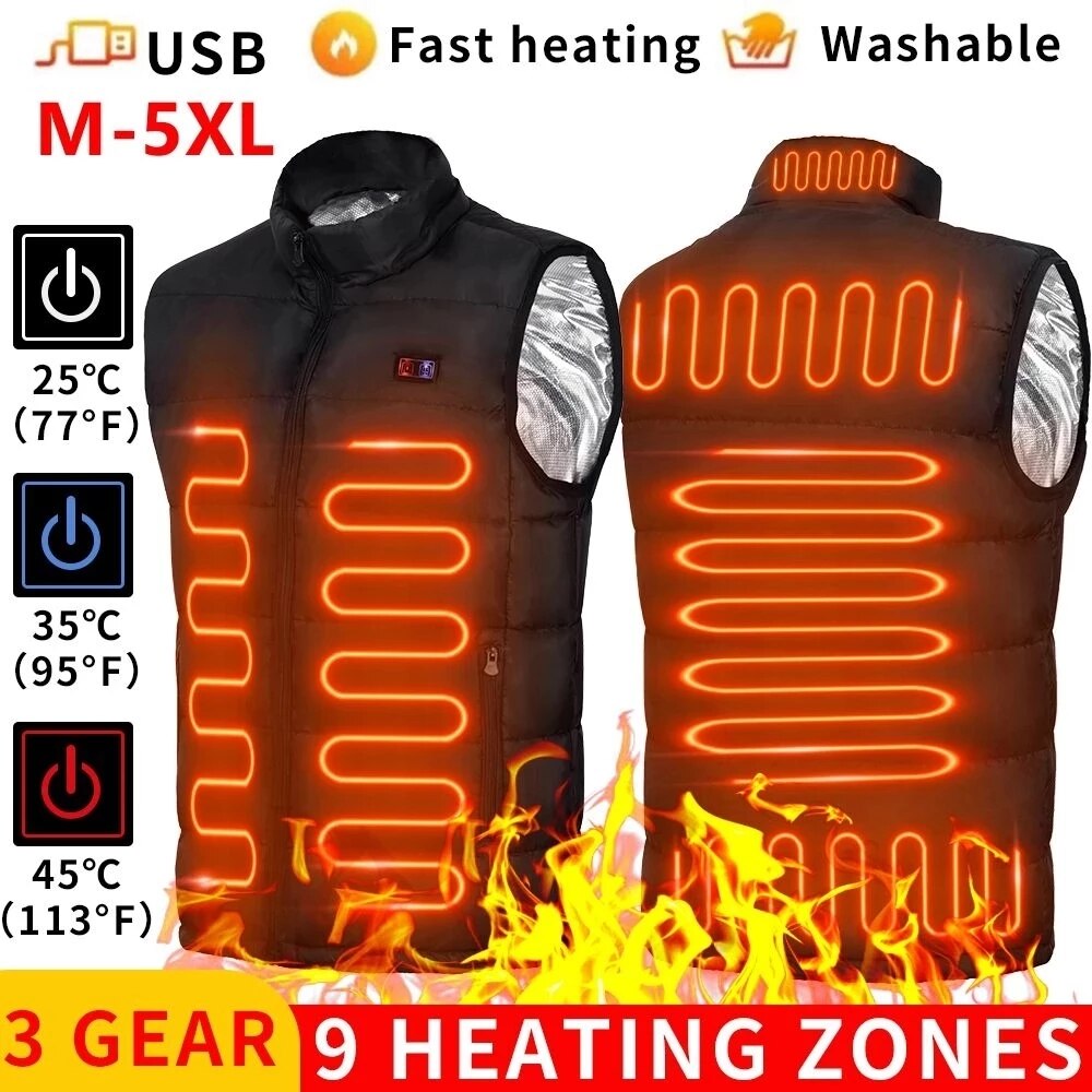 9-verwarmde vestzones Elektrisch verwarmde jassen Heren Dames Sportkleding Verwarmde jas Grafeen warmtejas USB-verwarmingsjas voor kamperen: M / Black