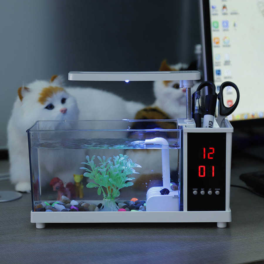 USB Desktop Mini Aquarium Fish Tank Aquarium with LED Light LCD Display Screen and Clock Fish Tank Decoration with Pebbles
