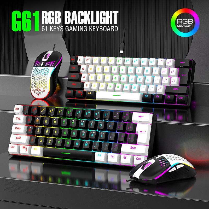 Tastatur- und Maus-Sets 60 % RGB-Gaming mit Tastaturen, Maus-Kombination, PC-Kit, Gamer, Hintergrundbeleuchtung, Mini, 61 Tasten, Computer, kabelgebundenes Set, Tastatur