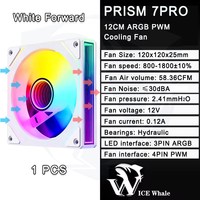 ICE Whale PRISM 7PRO 120mm ARGB Case Fan 1800RPM 4PIN PWM Ventilador de resfriamento silencioso de grande volume de ar: Preto