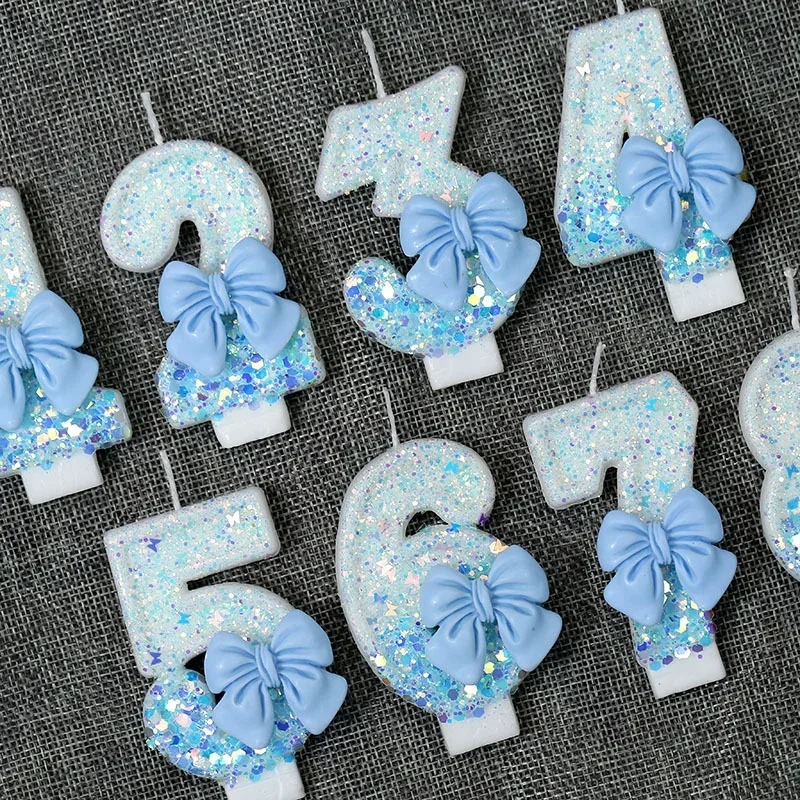 Verjaardagskaars met cijfer 0 1 2 3 4 5 6 7 8 9 blauwe strik taartkaars decoratie feesttaart topper decoratie jubileum decoratie