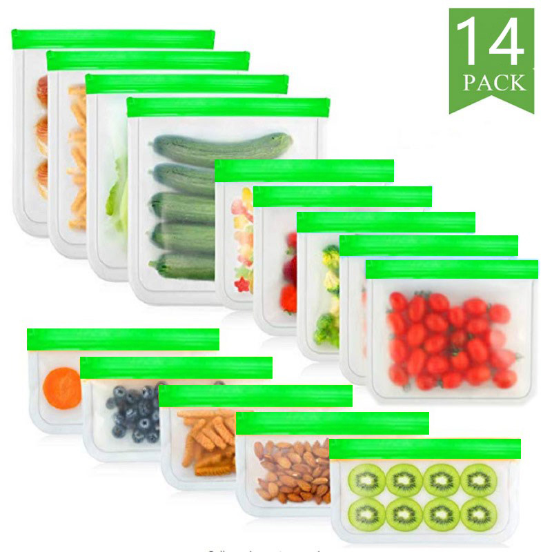 BEEMAN 15pcs Silicone Food Bag Frosted PEVA Reusable Food Storage Bag Top Leak-Proof Food Freezer Bag Kitchen Fresh-Keeping Bag: 14 pieces green